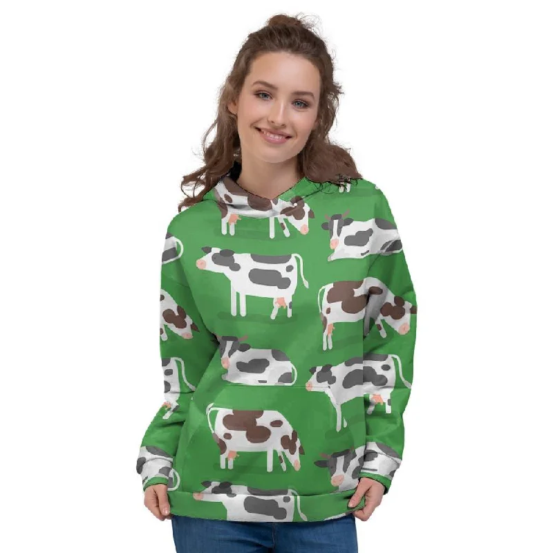 Can't Be Beat Cow In Green Grass Print Women's Hoodie