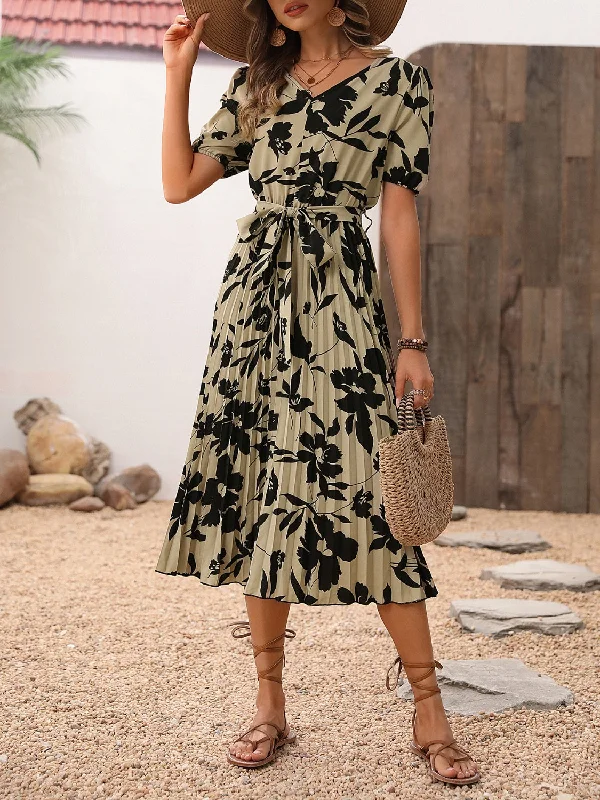 Must-Have Deals one-shoulder dressTied Printed V-Neck Short Sleeve Pleated Dress