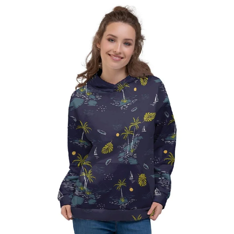 Midnight Madness Island Palm Tree Hawaiian Print Women's Hoodie