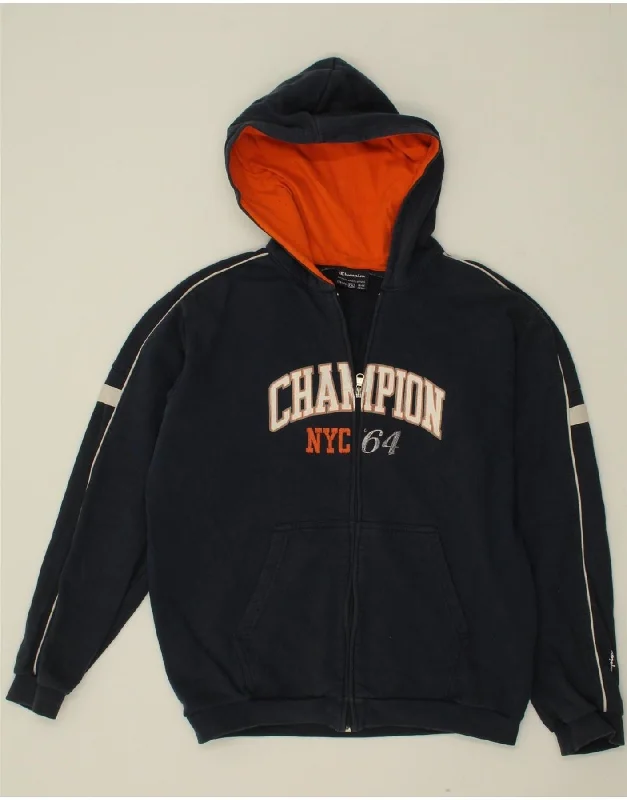 Mega Sale CHAMPION Boys Graphic Zip Hoodie Sweater 15-16 Years 2XL Navy Blue Cotton