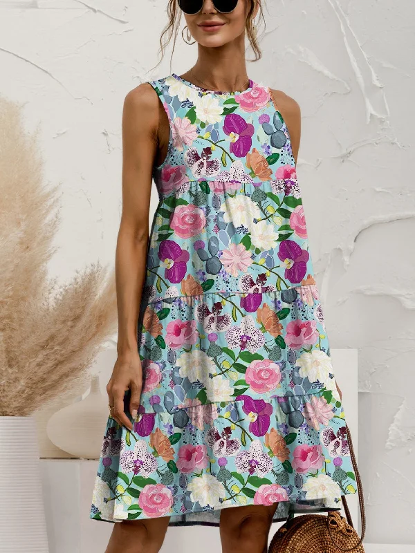Discount Days midi dressPrinted Round Neck Sleeveless Tiered Dress