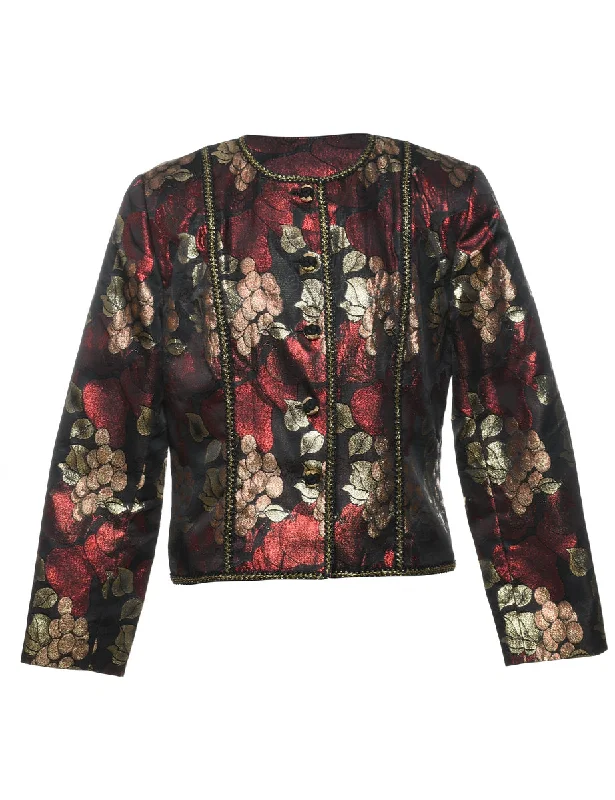 Doorbuster Deal stylish rain jacketFloral Pattern Maroon & Silver Metallic Evening Jacket - M