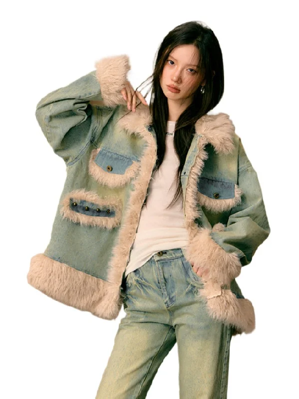 Blowout Sale casual puffer jacketDenim Fuzzy-Trim Jacket