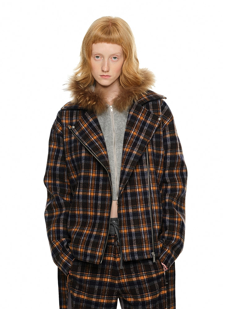 Act Now breathable bomber jacketDark Blue Plaid Woolen Moto Jacket