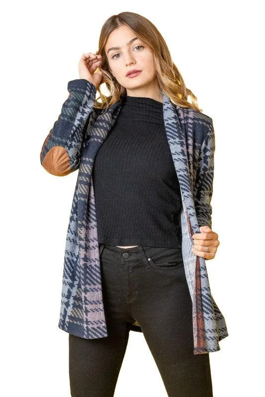Referral Discount pullover jacketMulti Color Plaid Elbow Patch Cardigan