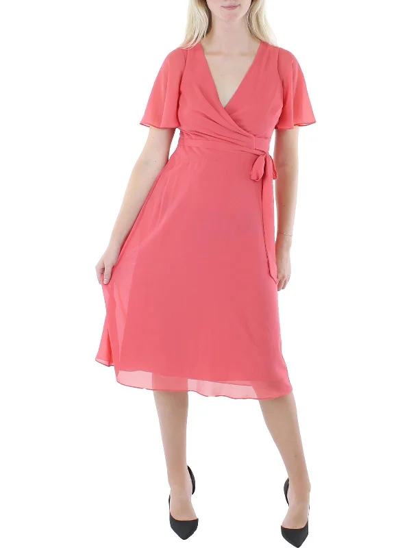 Instant Discount evening dressGeorgette Womens Faux Wrap Knee Wrap Dress