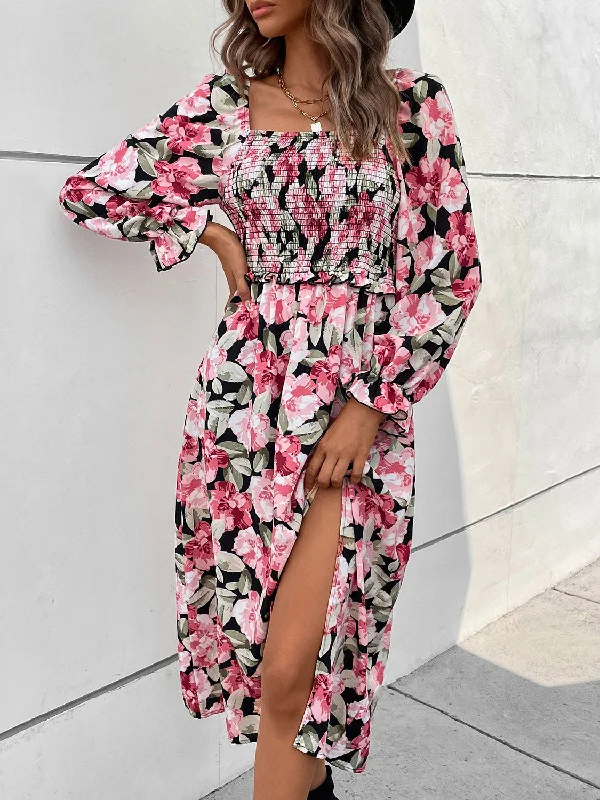 Price Reduction office dressSlit Smocked Floral Flounce Sleeve Dress
