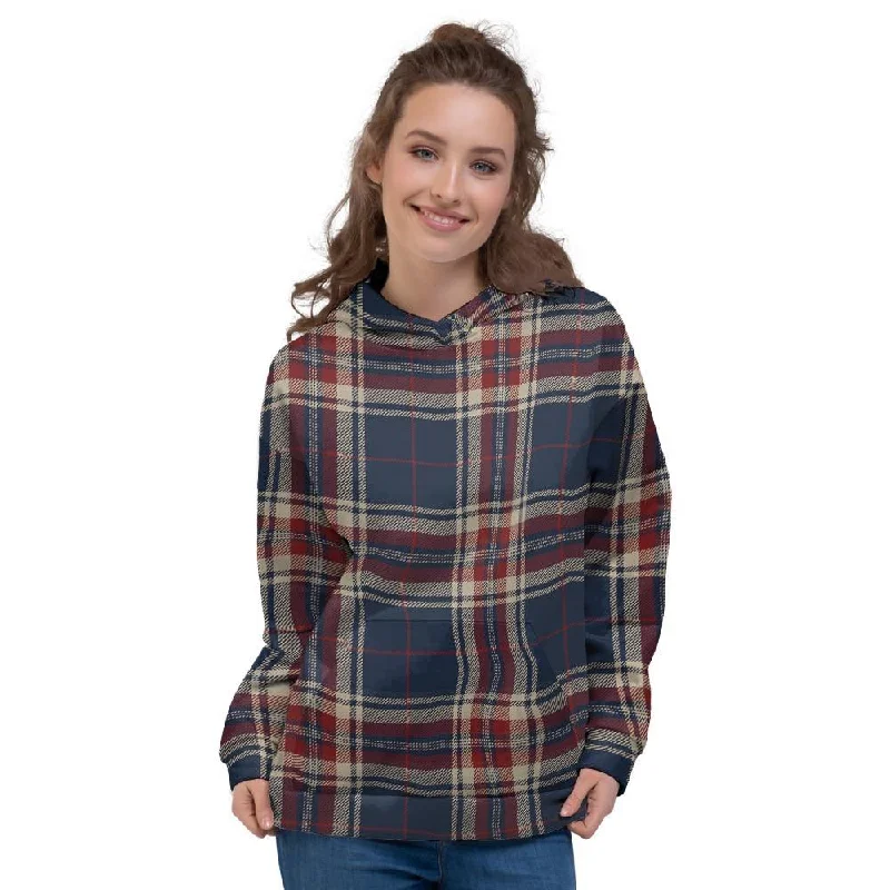 Price Reduction Beige Red And Blue Plaid Tartan Women's Hoodie
