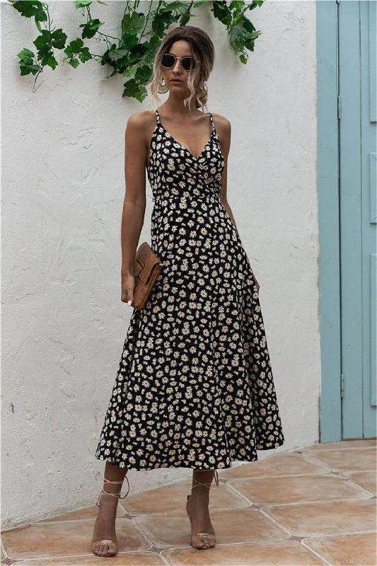 Holiday Sale trendy wrap dressDaisy Print Surplice Midi Cami Dress