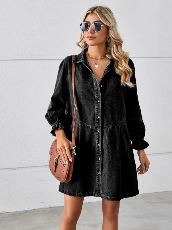 Markdowns elegant shift dressButton Up Flounce Sleeve Mini Denim Dress