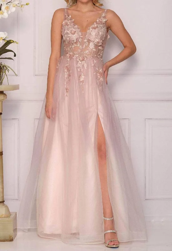 Deal Alert sleek dressFloral Applique Tulle Gown In Mauve Pink