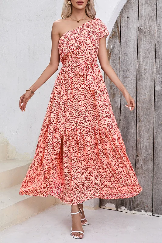 Deal Dash boho dressSlit Printed Single Shoulder Tie Waist Dress
