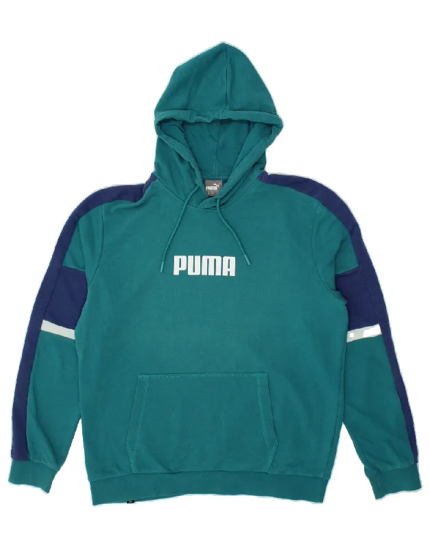 One-DAY Sale PUMA Mens Graphic Hoodie Jumper Medium Turquoise Colourblock Cotton