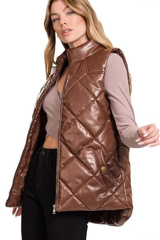 Extra Savings cozy outdoor jacketWomens Chocolate Vegan Leather Puffer Vest