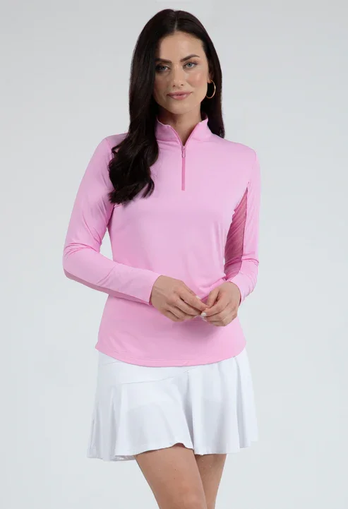 Online Exclusive high-quality jacketIBKUL Women's Long Sleeve Mock Neck 1/4 Zip Top- Candy Pink