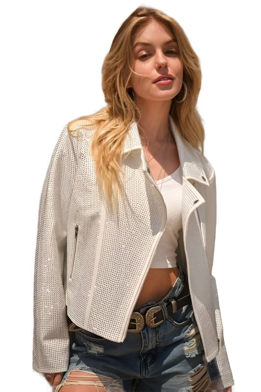 Crazy Deals casual leather jacketCrystal Studded Stretch Zip Up Moto Jacket