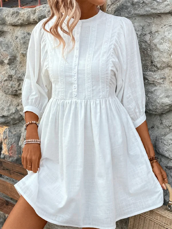 Deep Discounts ruffle dressLace Detail Half Button Three-Quarter Sleeve Dress