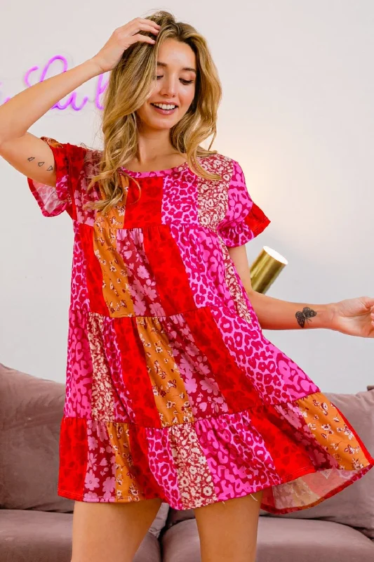 Super Savings winter dressBiBi Leopard Short Sleeve Tiered Dress