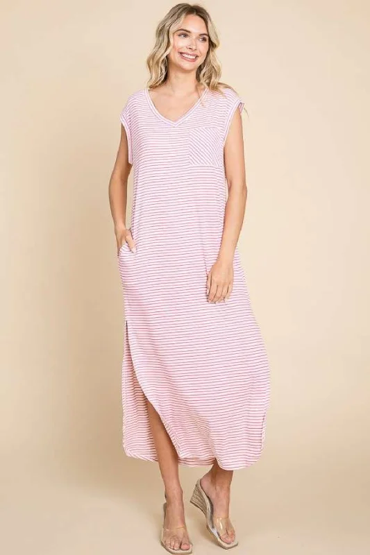 Special Savings ashionable dressCulture Code Full Size Striped V-Neck Slit Dress with Pockets Special Savings ashionable dressCulture Code Full Size Striped V-Neck Slit Dress with Pockets