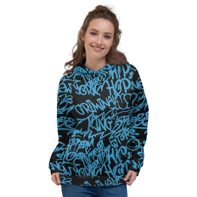 New Deals Hiphop Graffiti Blue Text Print Women's Hoodie