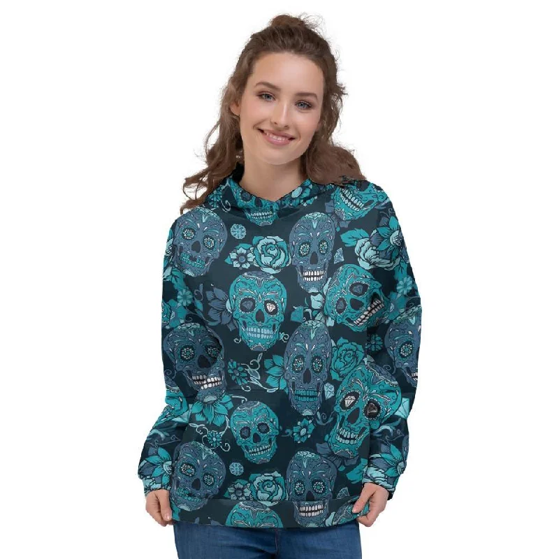 Can't Be Beat Blue Sugar Skull Women's Hoodie