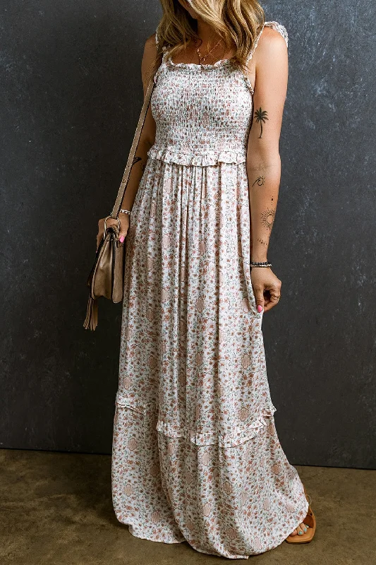 Limited Time sleeveless dressRuffled Smocked Printed Sleeveless Maxi Dress