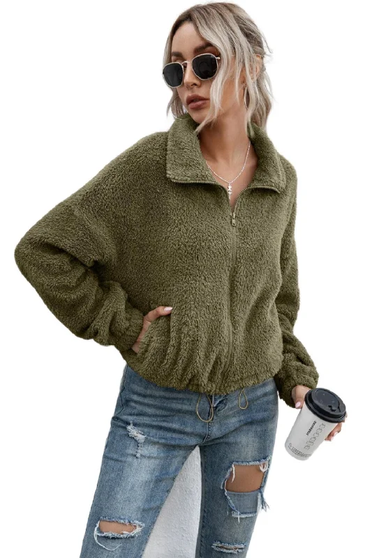 Shop and Save casual leather jacketDrawstring Hem Zip Up Teddy Jacket