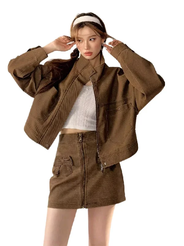 Price Buster fashionable utility jacketZip Short Jacket & Skirt Set