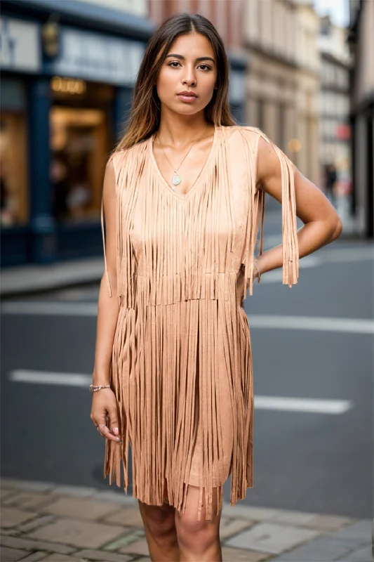 Daily Deals sleek midi dressFull Size Fringe V-Neck Sleeveless Mini Dress