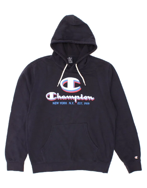 Super Sale CHAMPION Mens Graphic Hoodie Jumper Large Navy Blue Cotton