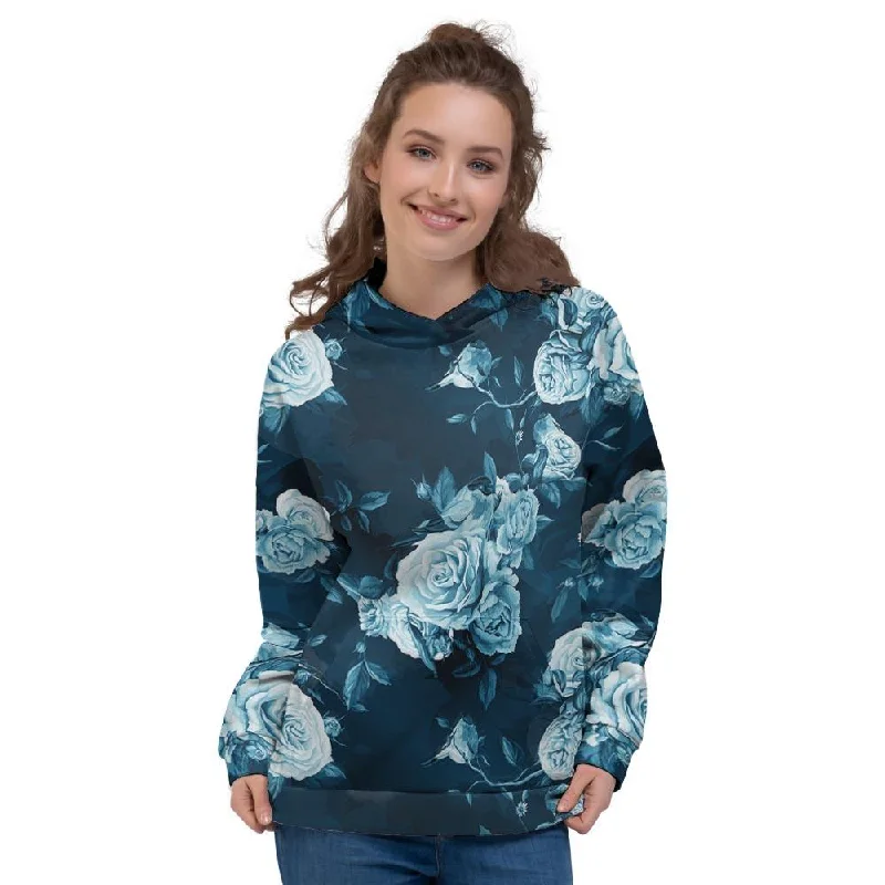 Fantastic Deals Blue Rose Floral Print Women's Hoodie