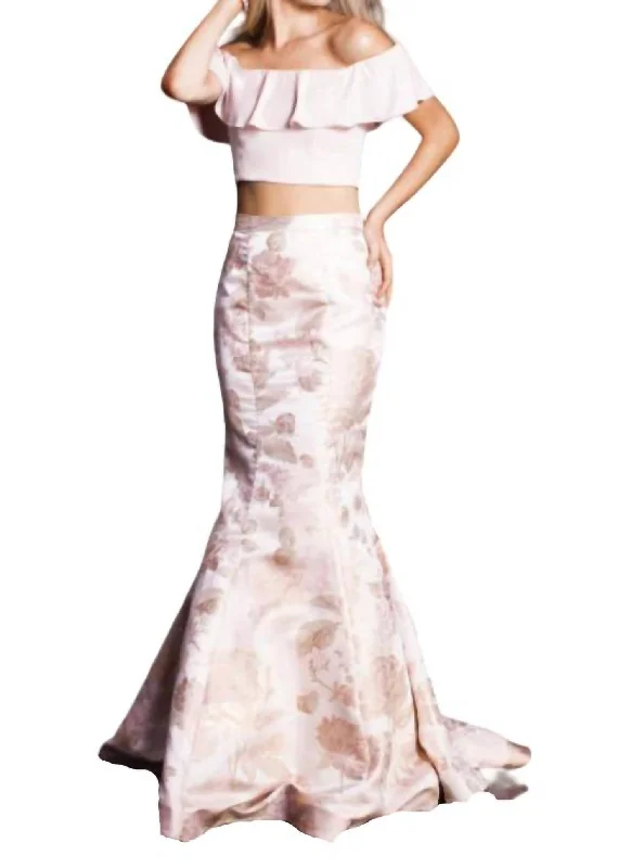 Stock Up and Save elegant evening dressTwo Piece Off The Shoulder Gown In Blush/gold