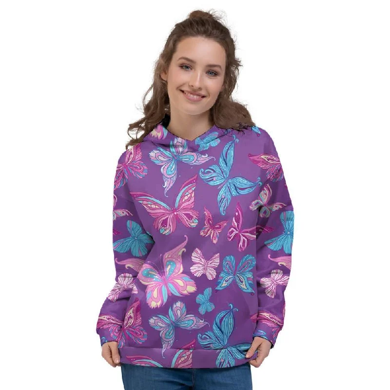 Deal of the Day Blue And Pink Butterfly Print Women's Hoodie