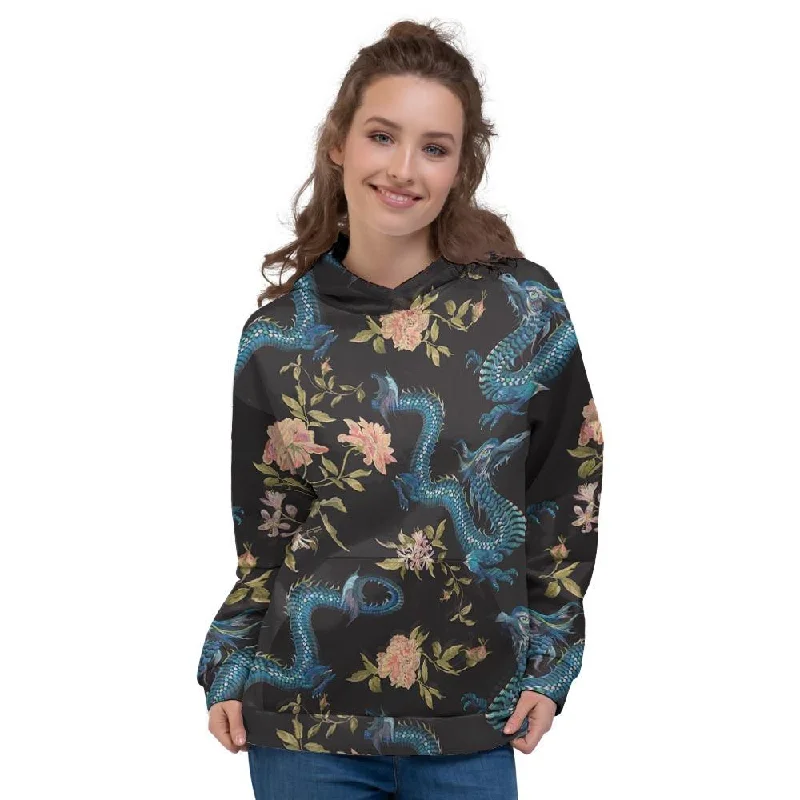 Overstock Blue Chinese Dragon Floral Print1 Women's Hoodie