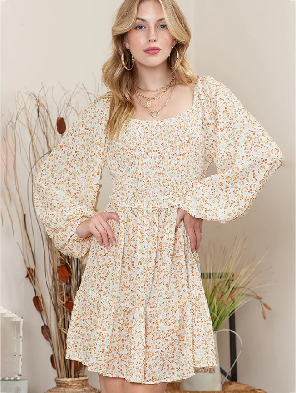 Epic Deals satin midi dressPrinted Square Neck Long Sleeve Smocked Dress