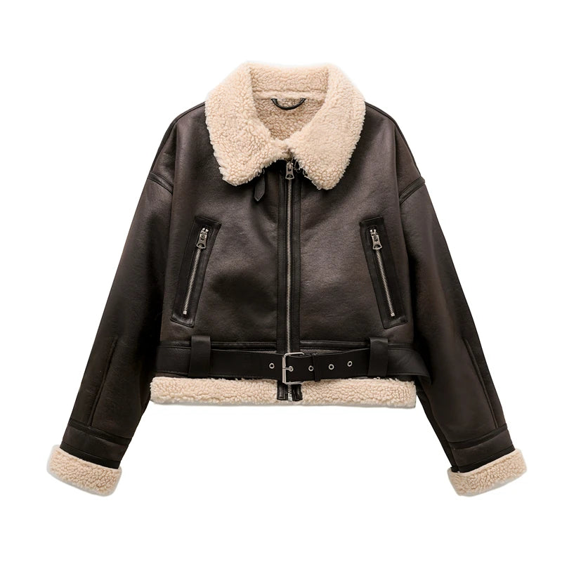 Markdowns chic biker jacketWomen's Faux Shearling Vintage Jacket with Belt