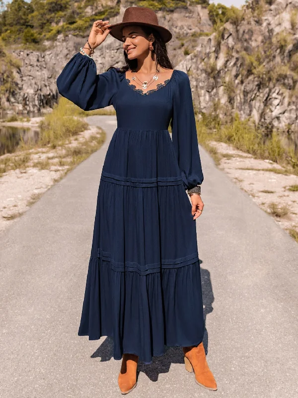 Deal Zone off-the-shoulder dressLong Sleeve Lace Trim Maxi Dress