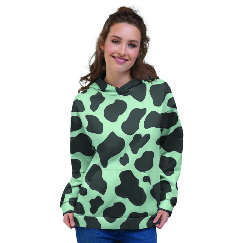 Midnight Madness Black And Green Cow Print Women's Hoodie