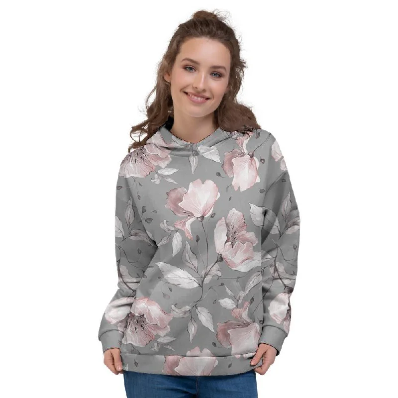 Act Now Grey Vintage Floral Print Women's Hoodie