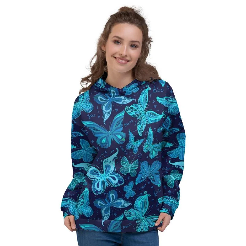 Stock Clearance Blue Butterfly Print Women's Hoodie