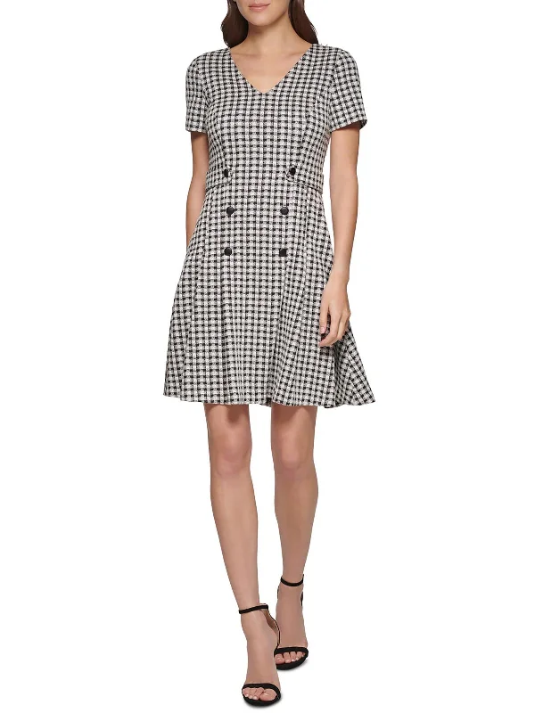 Instant Discount pleated maxi dressWomens Gingham Short Sleeves Fit & Flare Dress
