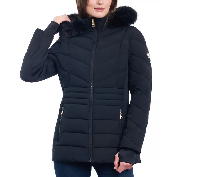 Special Savings sleek puffer jacketMichael Michael Kors Women's Black Chevron Faux Fur Hooded Coat