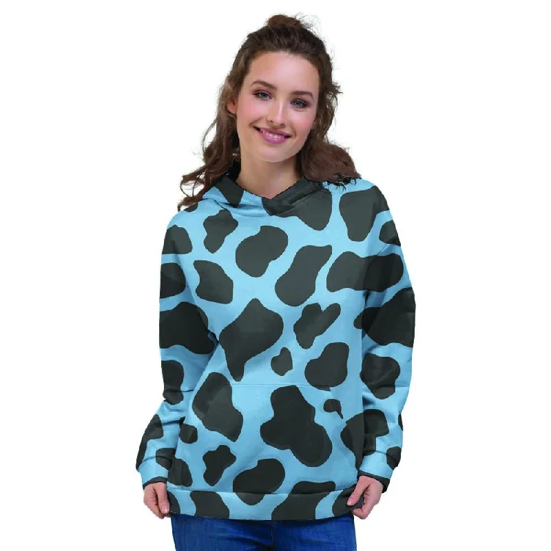 Online Only Black And Blue Cow Print Women's Hoodie