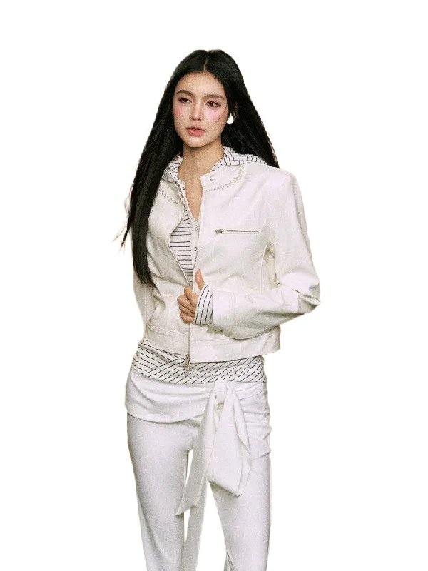 Price Drop Alert high-fashion jacketPearl-Studded Short Leather Jacket
