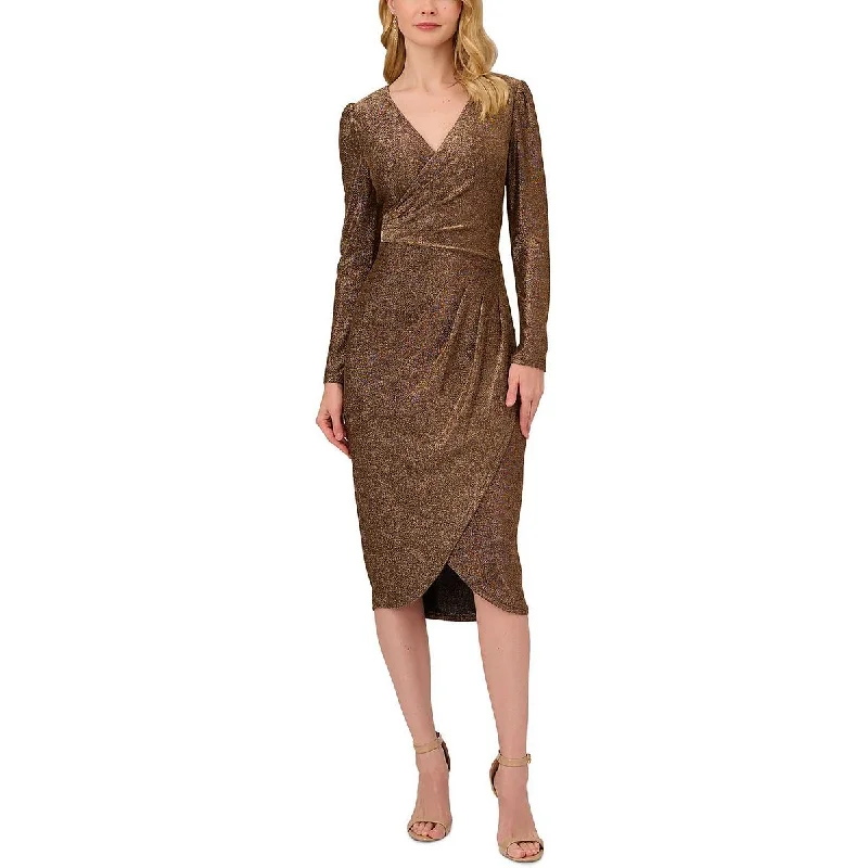 Holiday Sale pleated dressAdrianna Papell Womens Metallic Faux Wrap Evening Dress