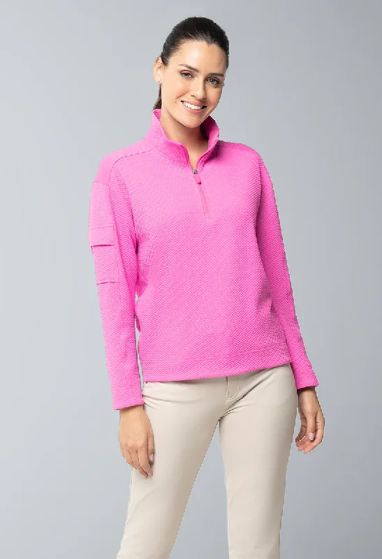 Mega Sale leather style jacketIBKUL Popcorn Stitch 1/4 Zip Pullover- Hot Pink