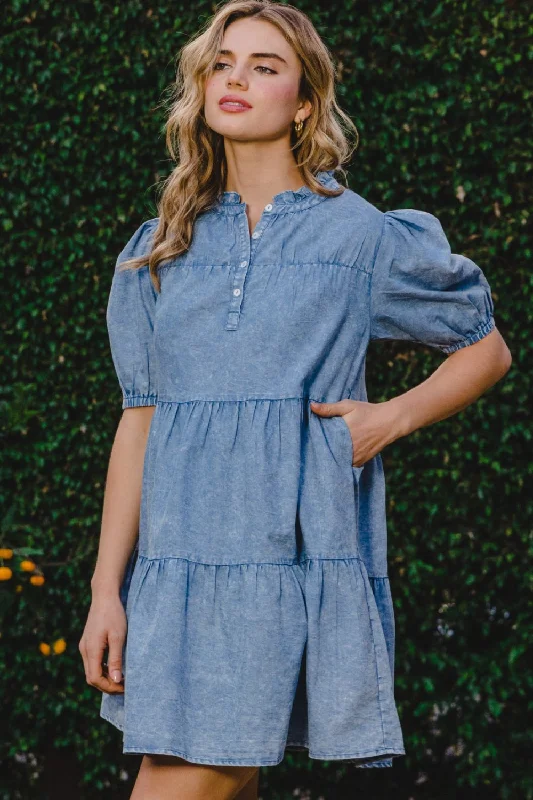 Fantastic Deals elegant evening dressODDI Washed Tiered Mini Denim Dress