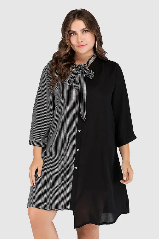 Blowout Sale winter dressPlus Size Striped Color Block Tie-Neck Dress