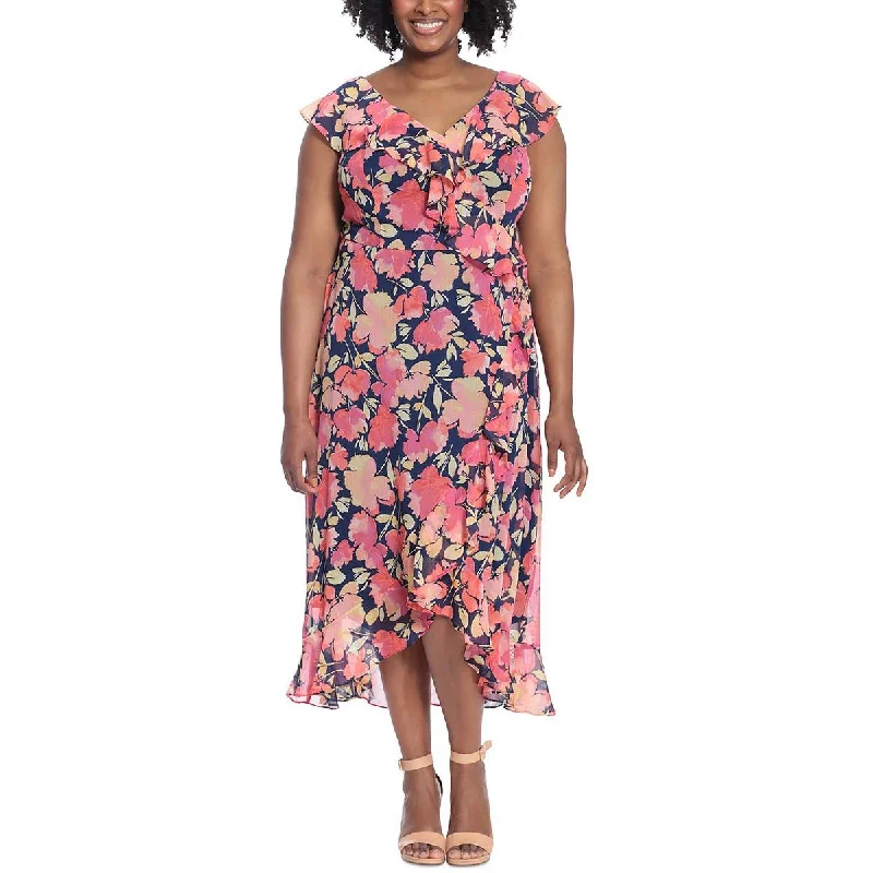 Members Only playful dressLondon Times Womens Plus Ruffled Hi-Low Midi Dress