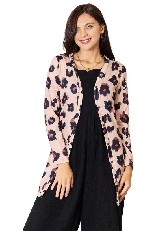 Super Deal functional puffer jacketDouble Take Printed Button Front Longline Cardigan